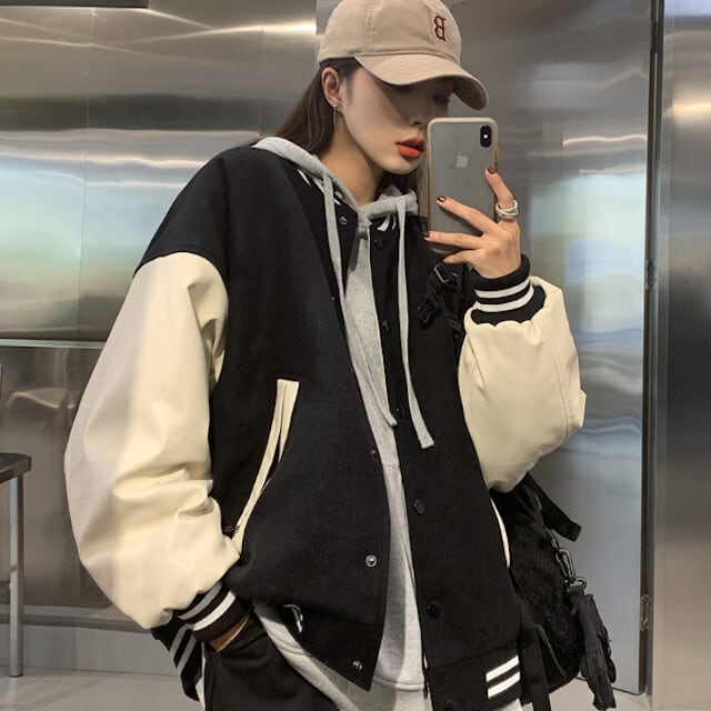 スタジャン レディース アウター ベーシック シンプル カジュアル かっこいい ブラック/グリーン Mサイズ Lサイズ