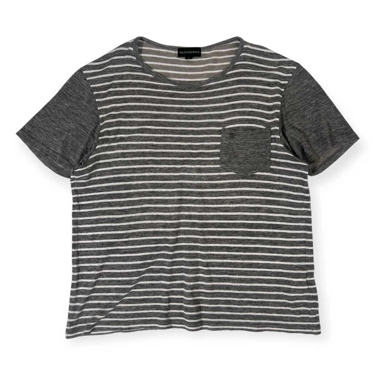 リネン混 THE SCOTCH HOUSE スコッチハウス ボーダー 半袖 Tシャツ カットソー L/グレー メンズ