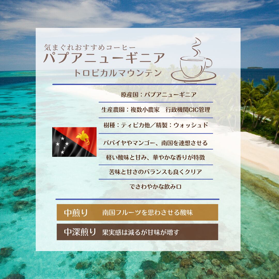 気まぐれコーヒー 南国フルーツのふんいきを醸し出すパプアニューギニアコーヒー豆 中煎り 中深煎り 0g チャオッペ 自家焙煎コーヒー豆とコーヒーギフトの販売