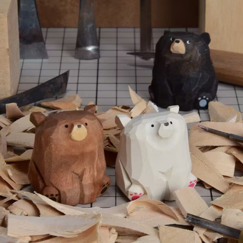 置物 オブジェ くま 木彫り 3点セット かわいい ナチュラル ほっこり