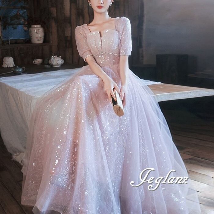 パーティ イブニングドレス パール バックリボン ラメ 光沢感(M9250)ζ