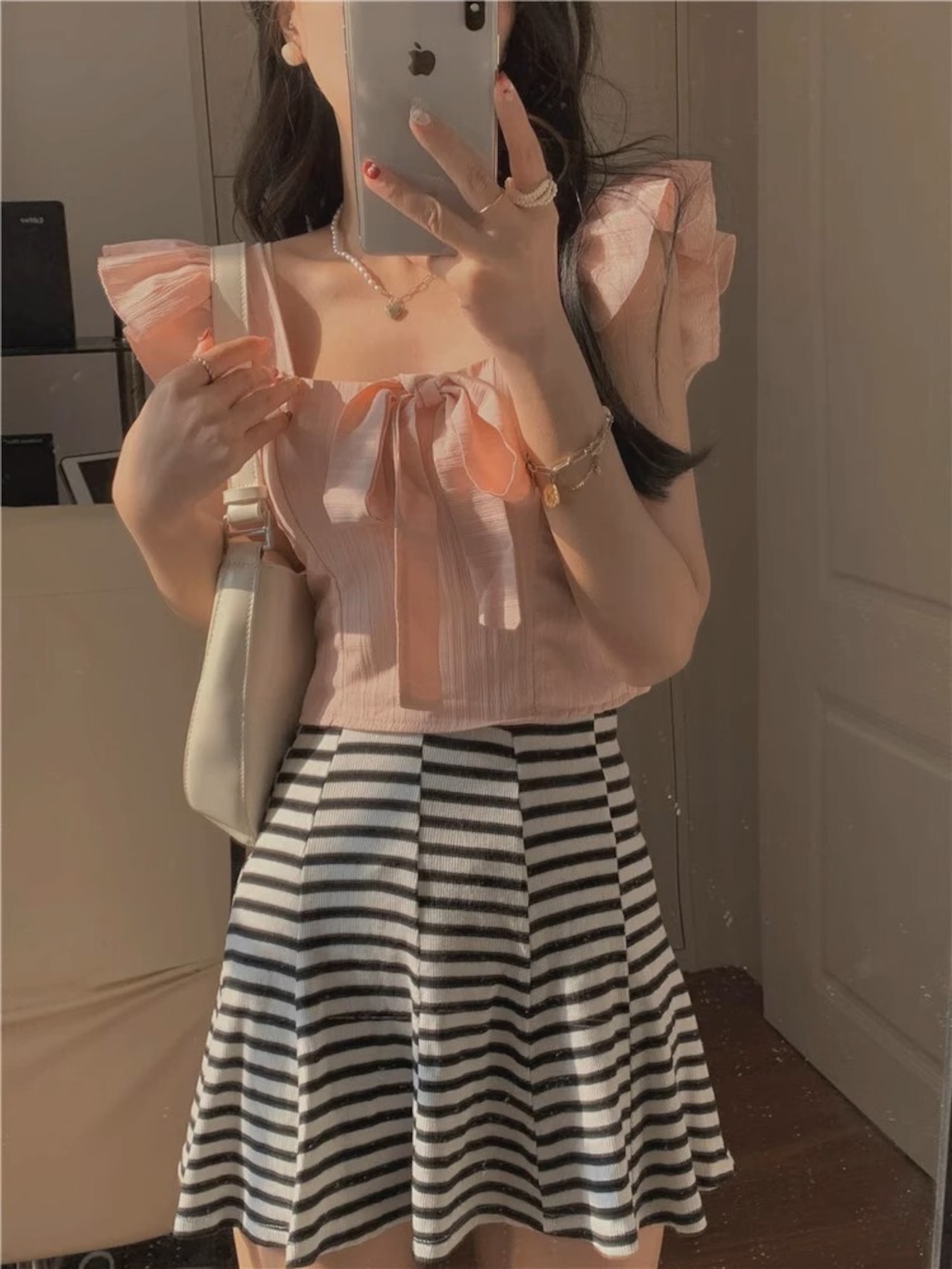 リボンショートトップス D1307