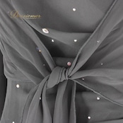 社交ダンス 衣装 スタンダード ドレス ワンピース パーティドレス Sanline ブラック系 ラインストーン フォーマル 演奏会 発表会 ピアノ きらきら 華やか フリル ウエストリボン ねじりデザイン シースルー袖 袖フレア ボレロ付き セットアップ 日本製 サンリーヌ ロング丈 体型カバー 9R ポリエステル フォーマルワンピース