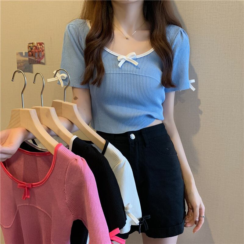 スタイルトップス スプリングサマースリムショートシャツ レディースニットTシャツ 春物 夏物 1号婦人57847297715