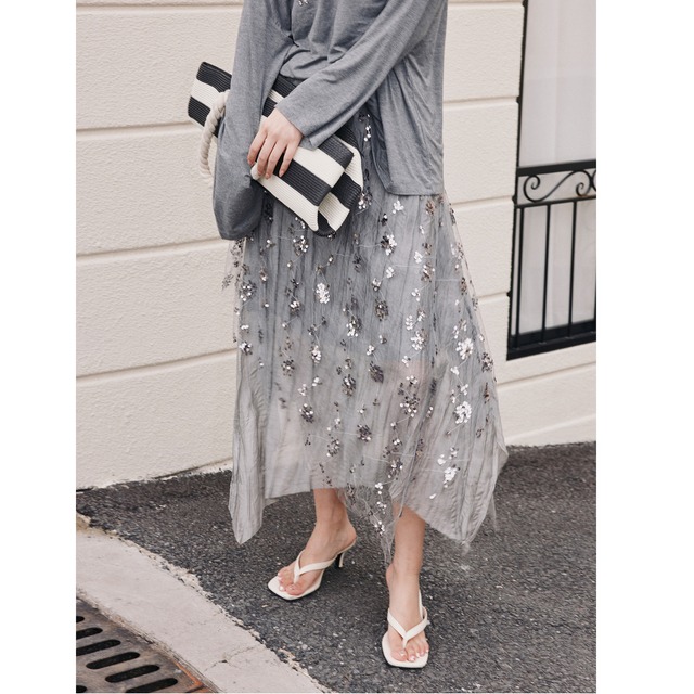 shimmer pleated asymmetric skirt＜sk3335＞
