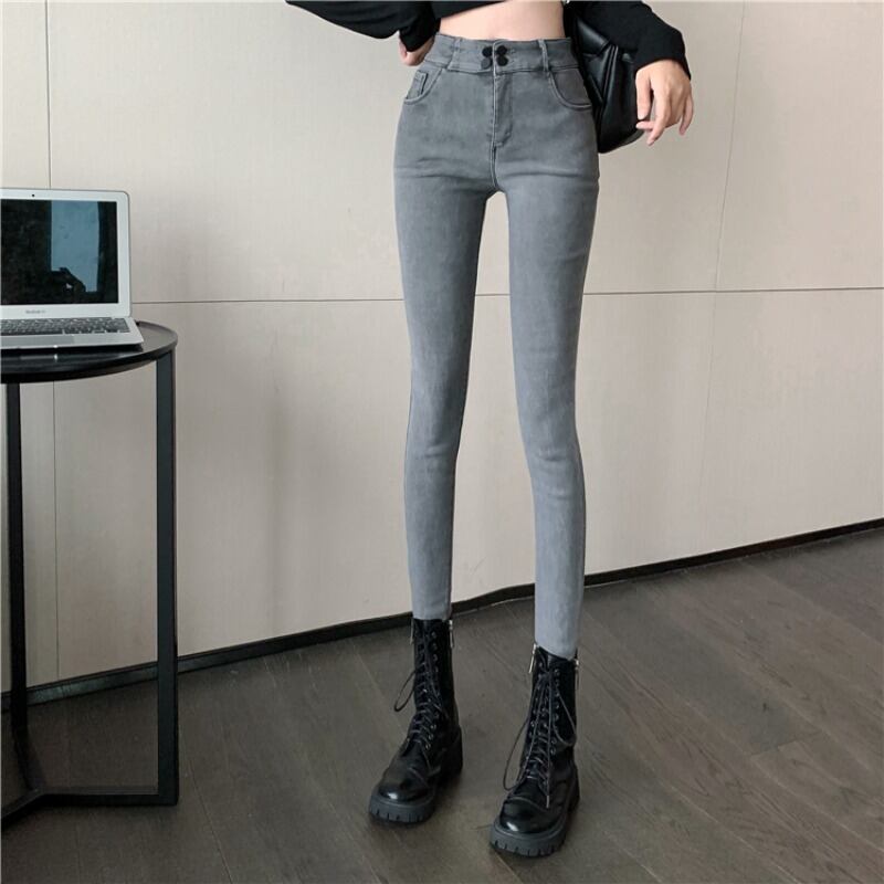 ジーンズ レディースベルベットハイウェストウェストスプリンググレーパンツ 春物 ブラックストロベリース28036165009