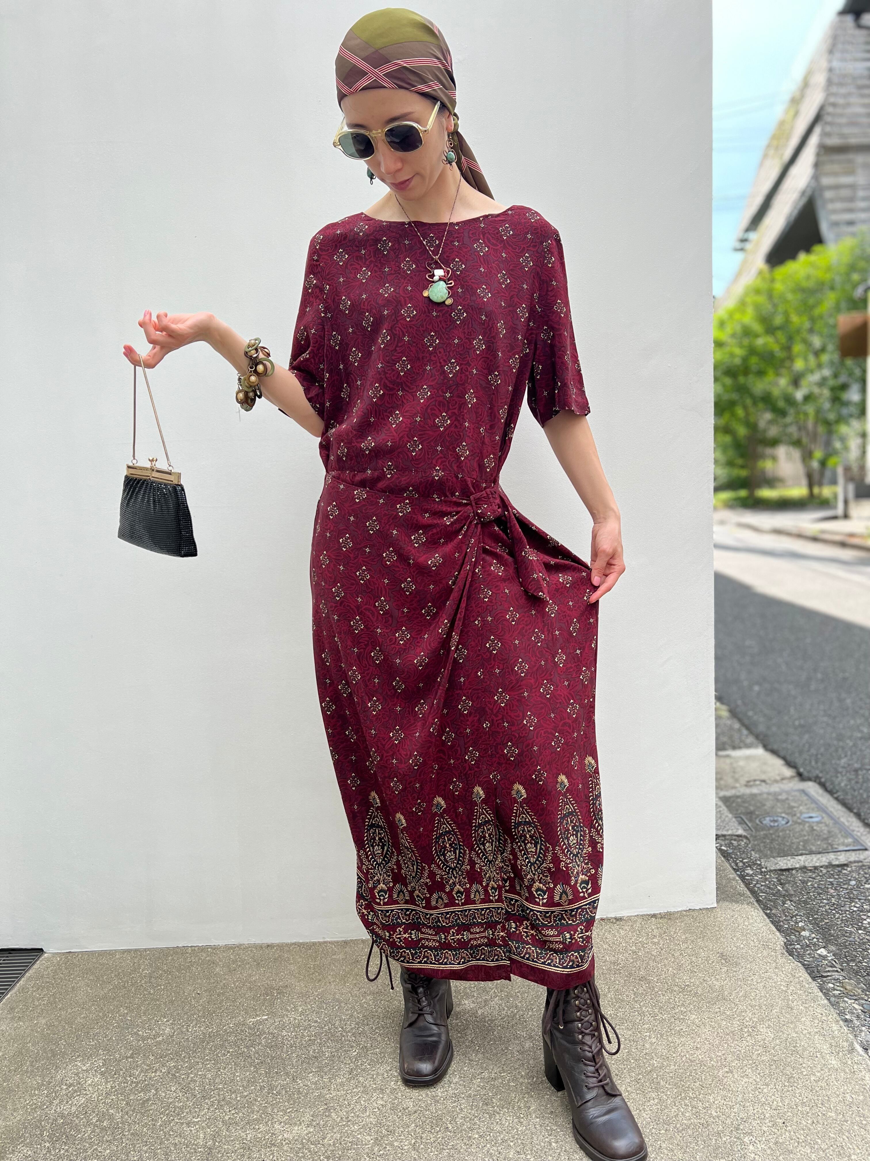 80s wine red floral silk dress ( ヴィンテージ ワインレッド シルク