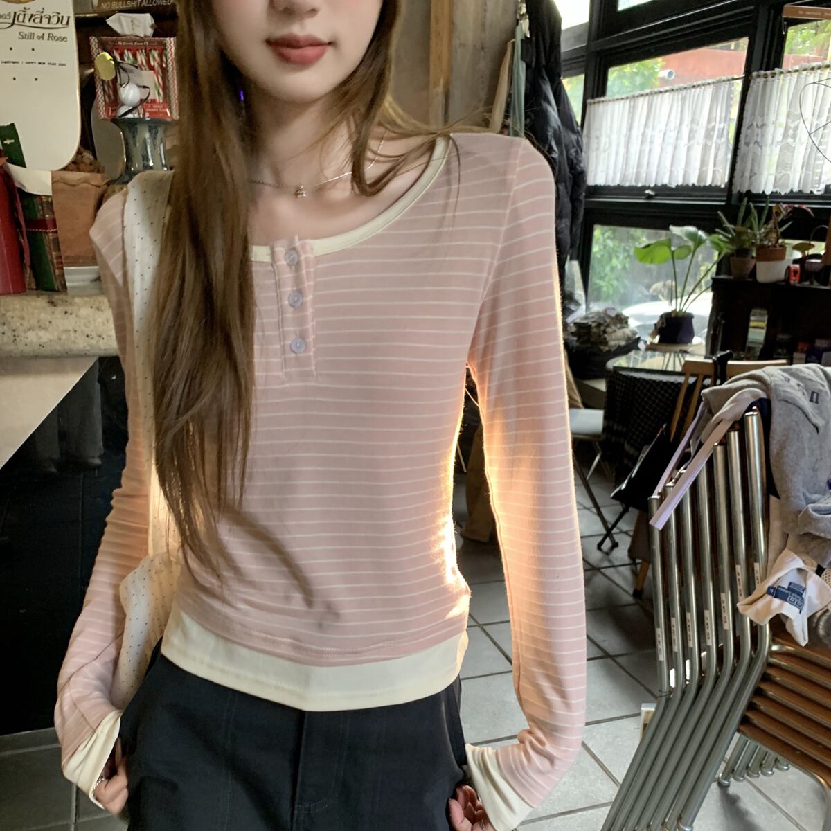 Henley Neck Striped Long Sleeve Tops 1color A0099