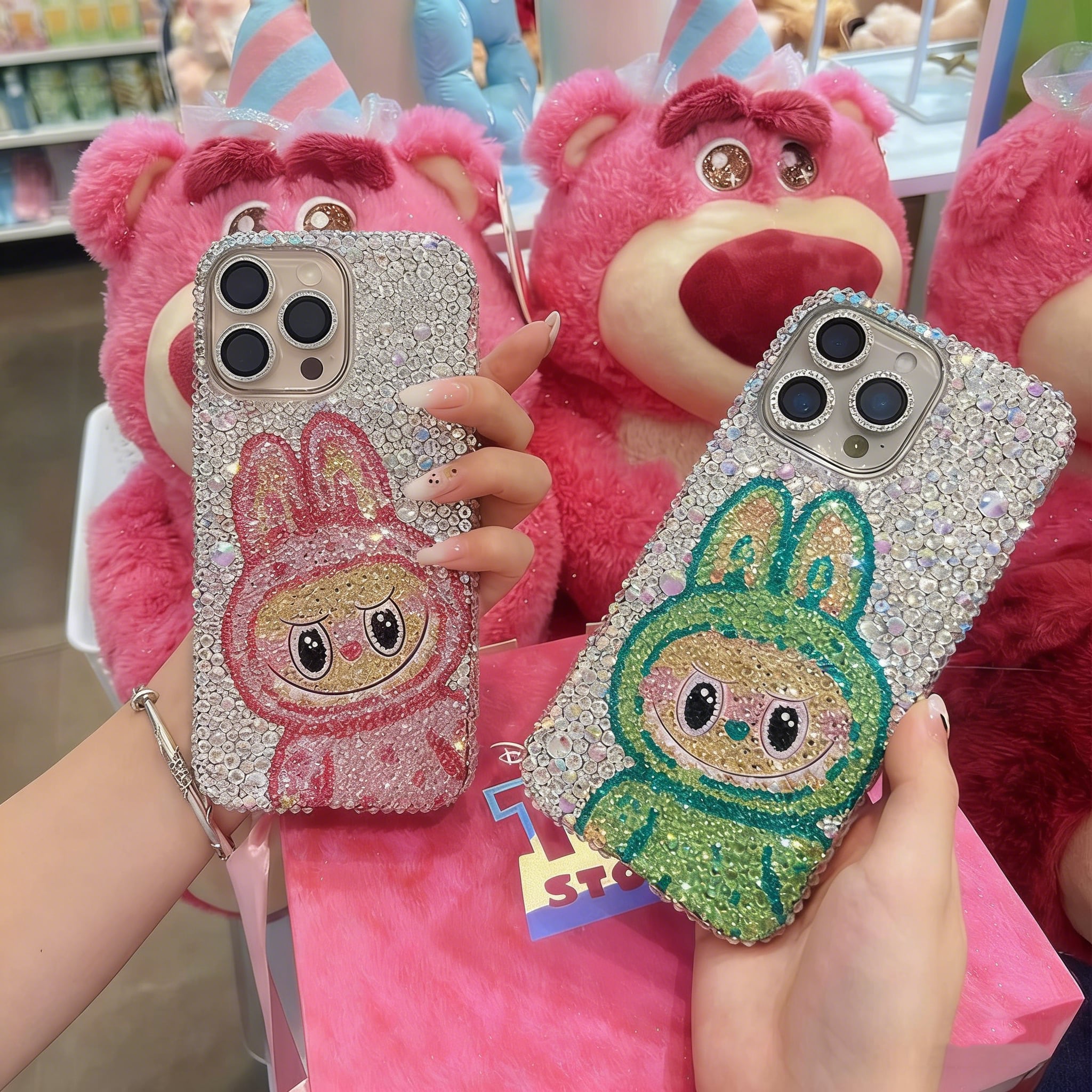 iPhone・Android全機種対応♡ 360度キラキラの本格派~キラキラ輝くラブブ ダイヤモンド!LABUBU スマホケース 豪華 フルラウンド ハンドメイド / iPhone Huawei Samsung Oppo Vivo Xiaomi