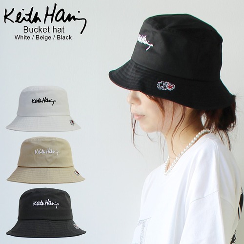 【kh-hat-21heart】Keith Haring キースヘリング アートロゴ バケットハット 3カラー ハート メンズ レディース おしゃれ フェス 学生 かわいい ホワイト 黒 ブラック ベージュ