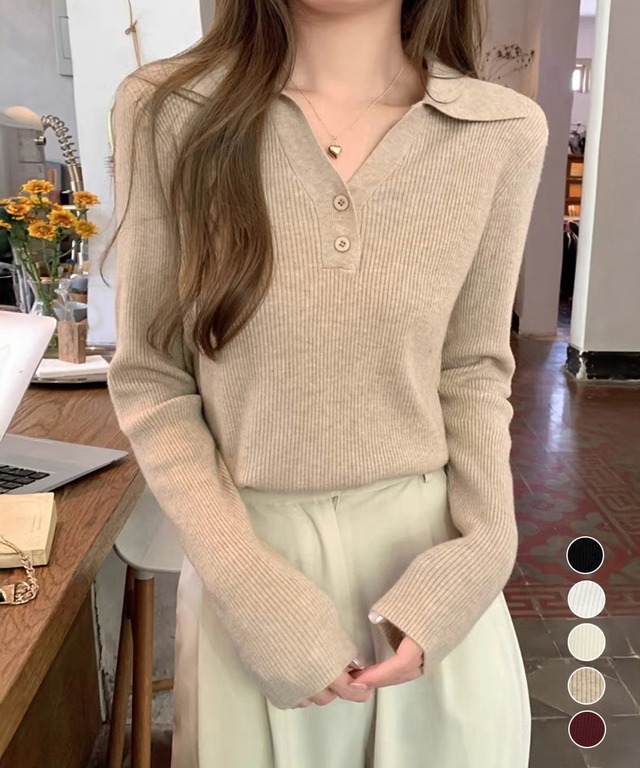 ポロニットトップス リブニット 韓国風 85YN-900610