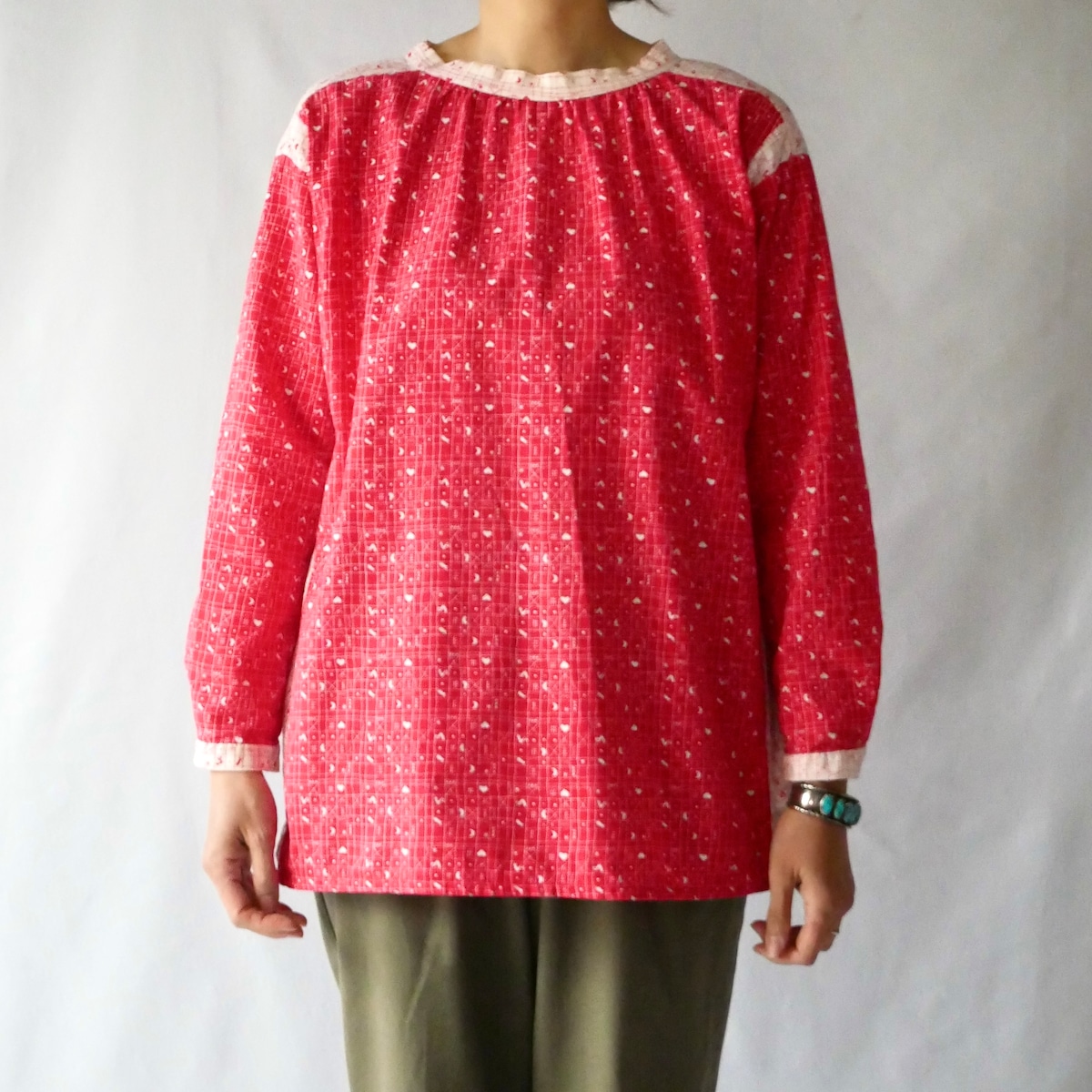 Used Tunic Top Euro vintage westfallenstoffe red cotton tunic tops ユーロヴィンテージ 赤 白 ハート月 ...