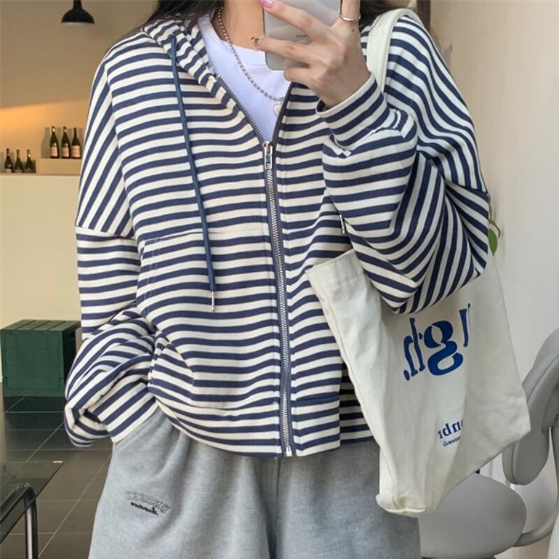 フードセーター レディーススタイルルーズ薄手ストライプジャケット カジュアルジッパー オータム 秋物 ウィンター 冬物 萌量不足32362030105
