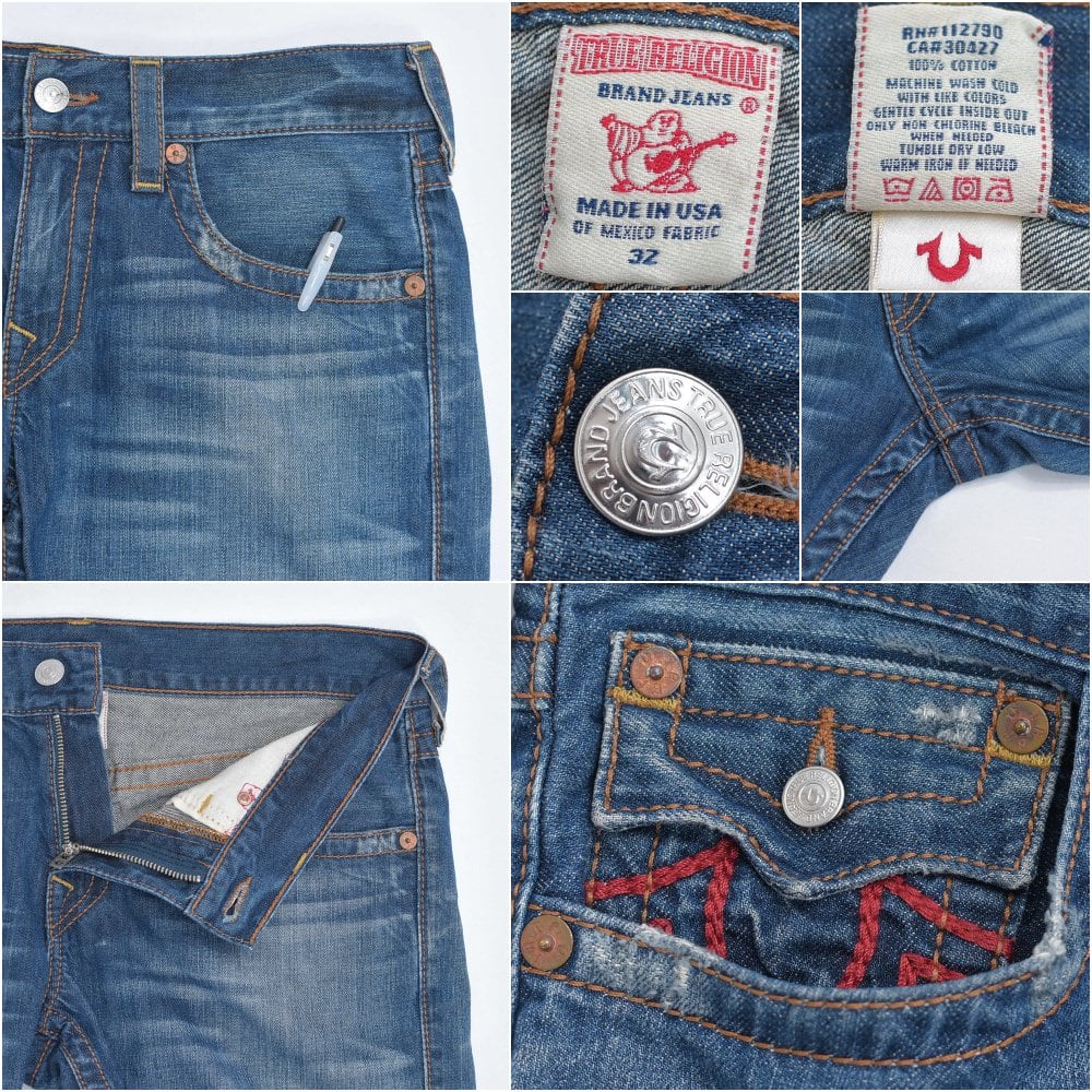 USA製00s TRUE RELIGION W32 和柄刺繍 バギーフレアデニム