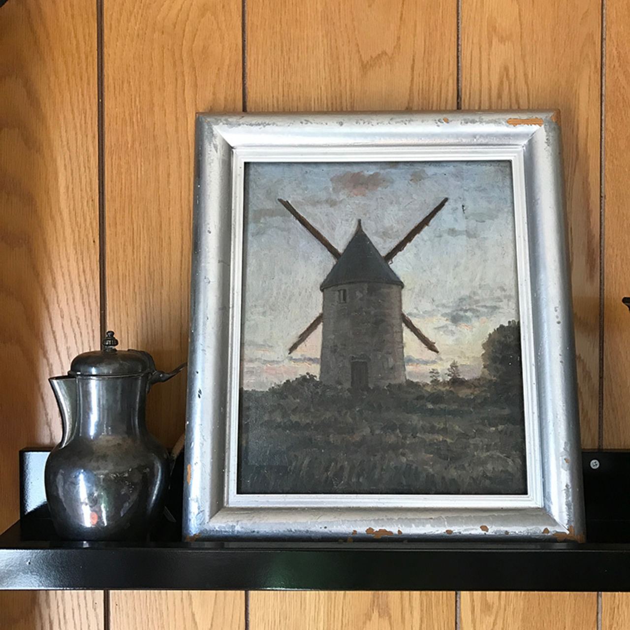 油絵「静かに佇む風車」「海岸」リバーシブル シルバーフレーム 油彩額も 12otn11-2
