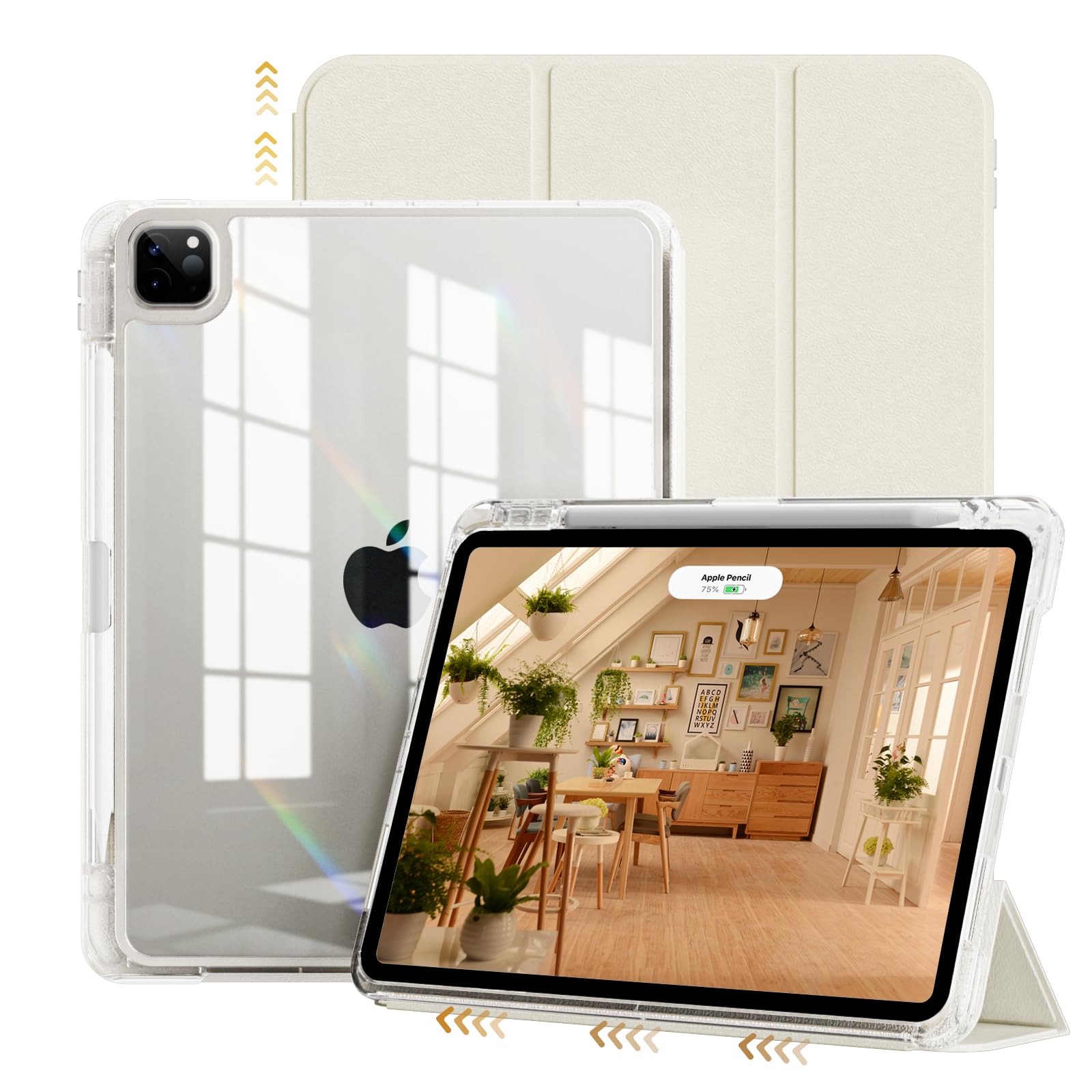 JKSML 対応 iPad Pro 12.9 インチ 第6/5/4世代 (2022/2021/2020) 、iPad Air 13インチ ケース 2025/2024 ケース 取り外し可能な透明 ペン収納 耐衝撃 三つ折り 高級PU レザー 薄型軽量 良い手触り (ホワイト)