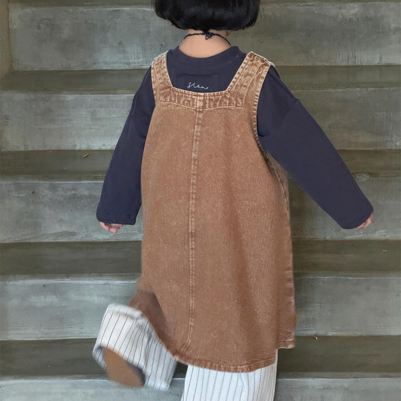秋レトロ銅色デニムサンドレス