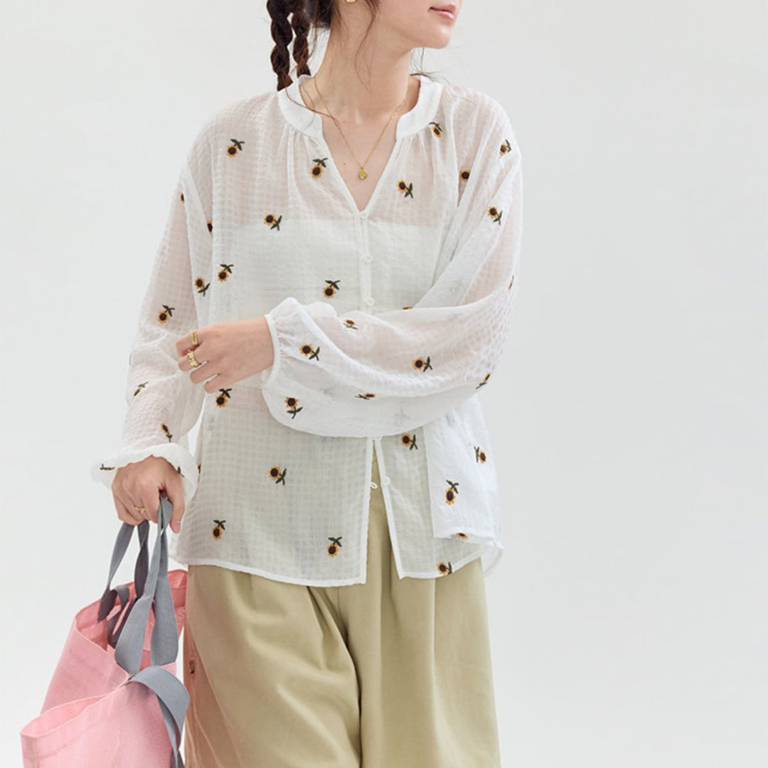 embroidered sheer vneck blouse