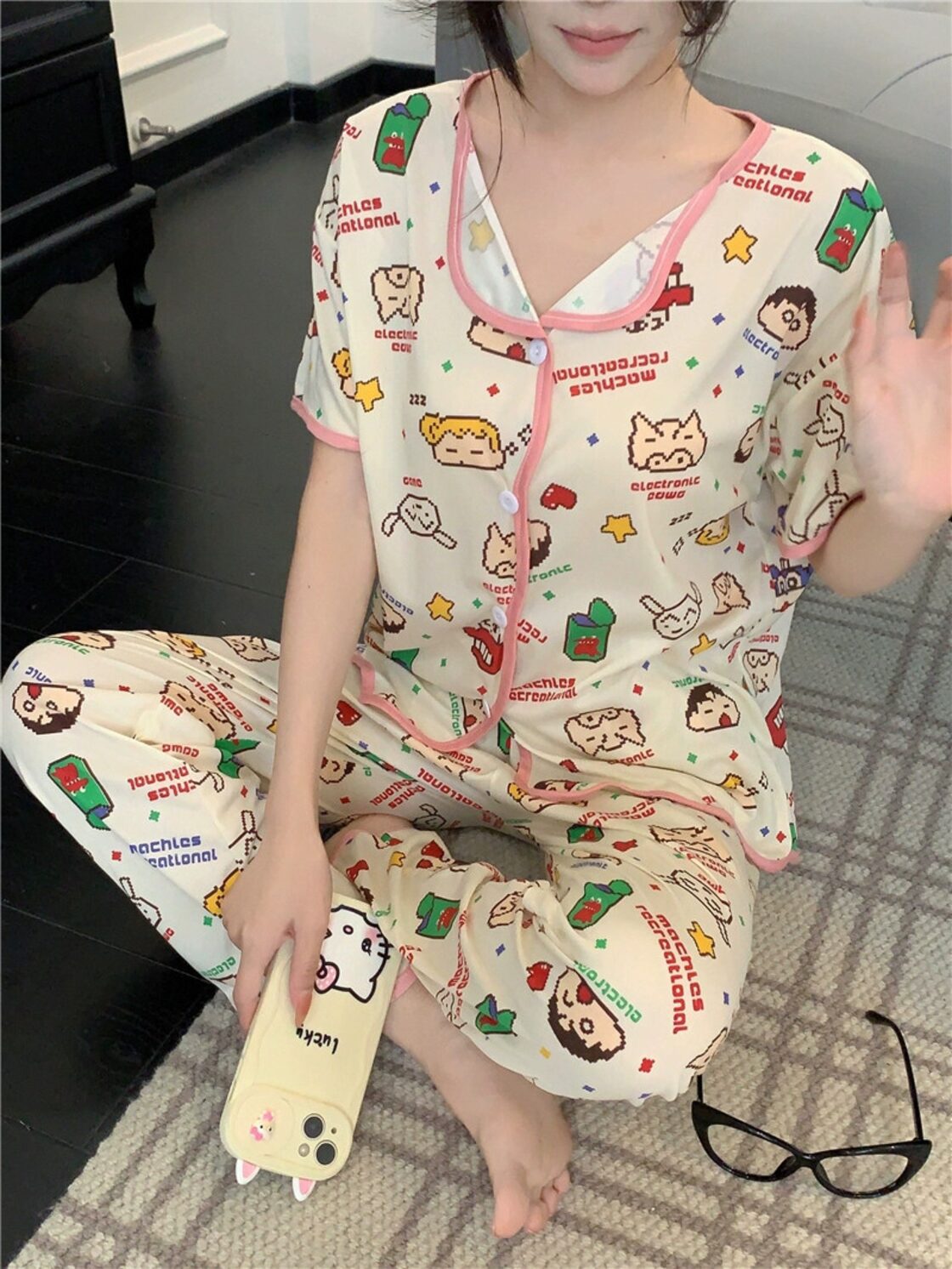 レモンツリーセブン] 男女3点セット ペアパジャマ 部屋着 綿 パジャマ 上下パジャマ ゆったり ワンピース 可愛い 夏 おしゃれ keusyoi]  春のレディースパジャマセット プリント柄 長袖 コットンクレープ パンツ ツーピース ホームスーツセット keusyoi] 春のレディース ... [レモンツリーセブン] 男女3点セット ペアパジャマ 部屋着 綿 パジャマ 上下パジャマ ゆったり ワンピース 可愛い 夏 おしゃれ