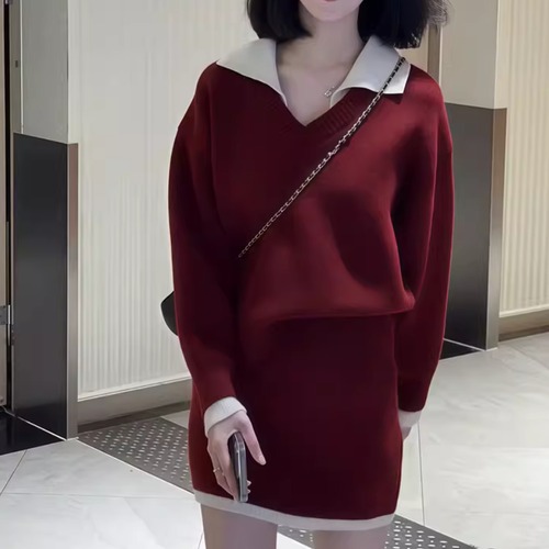 【2点セット】2色／配色スキッパーカラーニットトップス＋ニットミニスカート ・74651