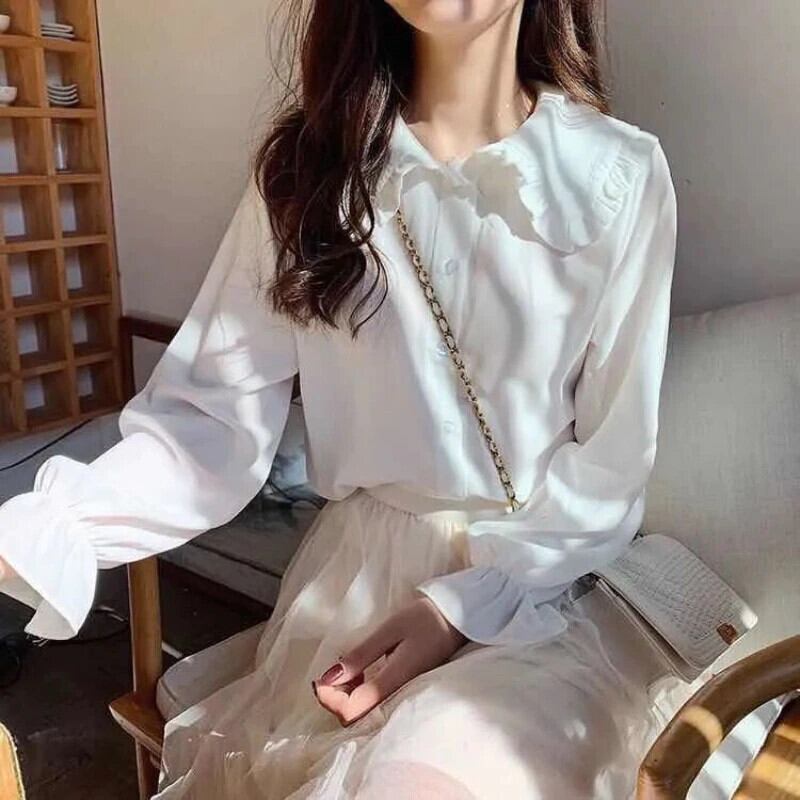 送料無料 HOUZHOU 白シャツピーターパン襟甘いフリル長袖ブラウス女性