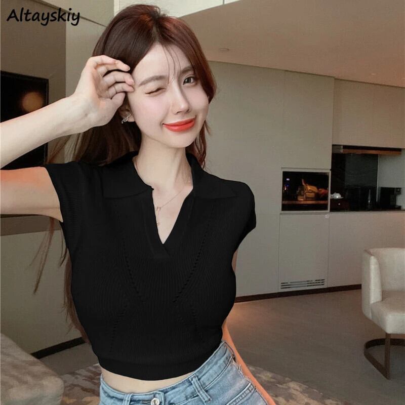 【新作】【送料無料】 半袖 Tシャツ女性 Y2k クロップトップスリム 여성 반팔 니트 夏セクシーガールニットクラブ V ネック服ファッション Mujer Футболка 0345079192372