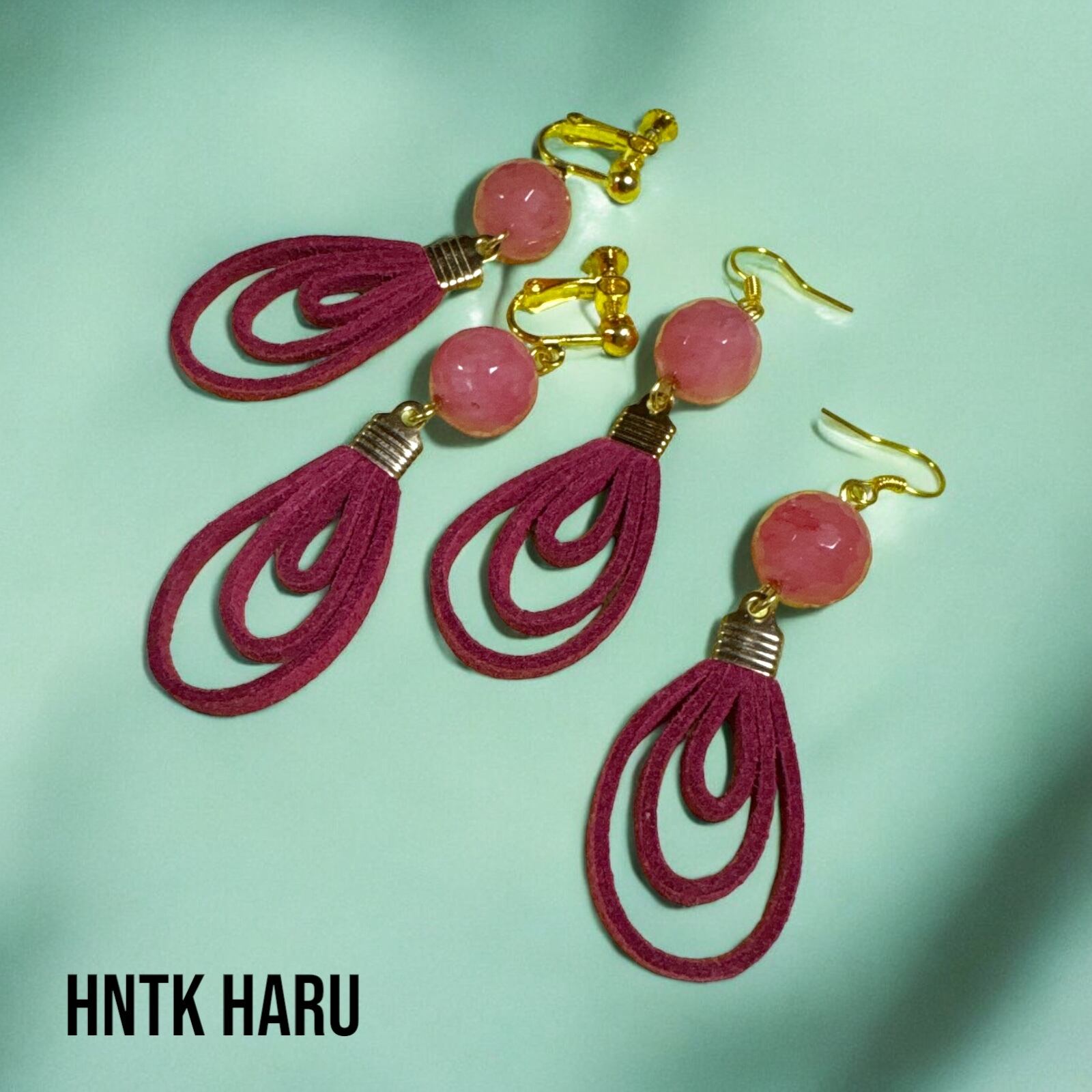 HNTK ピンクジェイド＆革紐ループ イヤリングピアス選択 P0375 | hntkharu