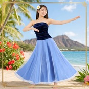フラダンス 衣装 Paondor パンドール ワンピース ドレス ブルー系 ネイビー系 日本製 ベロア チュールスカート チューブトップ きれい 上品 かわいい 華やか 鮮やか 明るい 爽やか 青 紺 ハワイアン アロハ フラ ダンス レッスン 練習