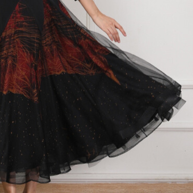 シースルースリーブ ミモレフレア ラウンドネック ダンスドレス ds1434