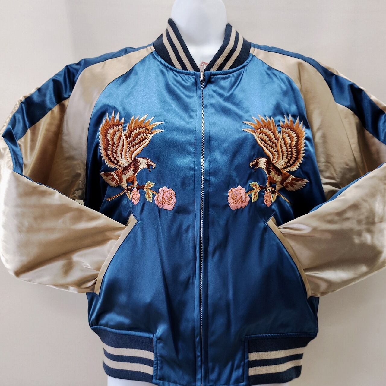 スカジャン 青/アイボリー 刺繍入り Amazon | Momostyle SSPEC 鳳凰刺繍マーク スカジャン リバーシブル