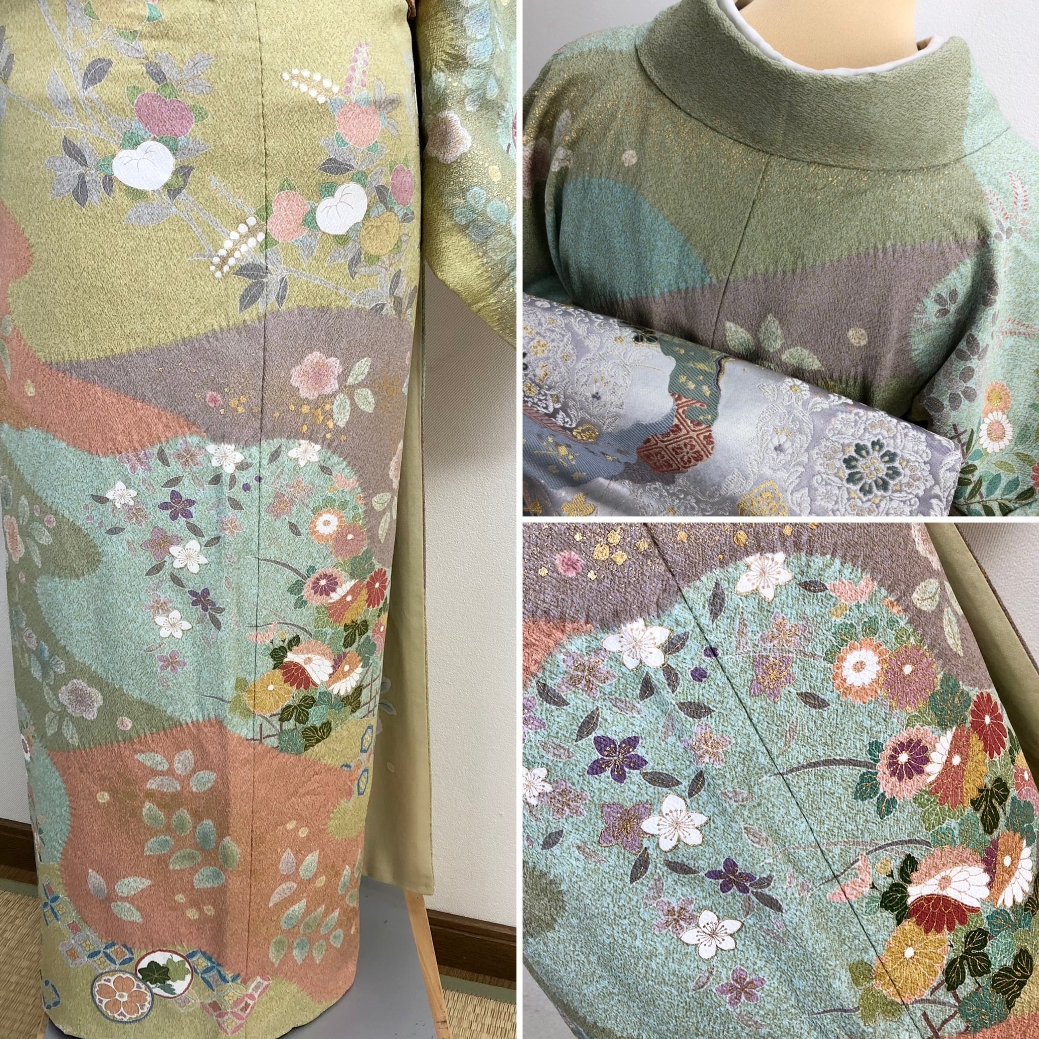 M1864【着物と帯 京月花】■グレー金駒刺繍たたき染分正絹訪問着/袷/広衿■