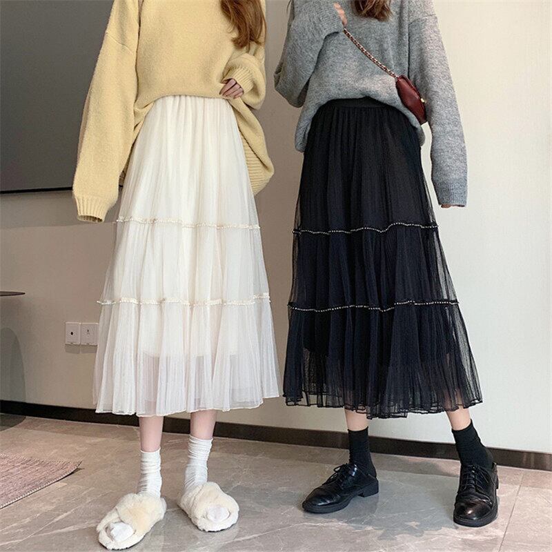 Aラインスカート スプリングメッシュハイウェストウェストスリムプリーツ 春物 萌量不足74610109285