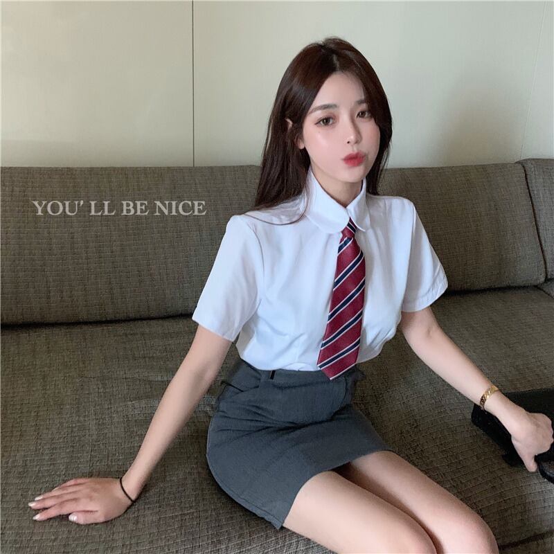 スタイル半袖ネクタイシャツ女性夏ミドル丈白いシャツ2020新しいデザインセンスニッチトップ ブラックストロベリース52908184514