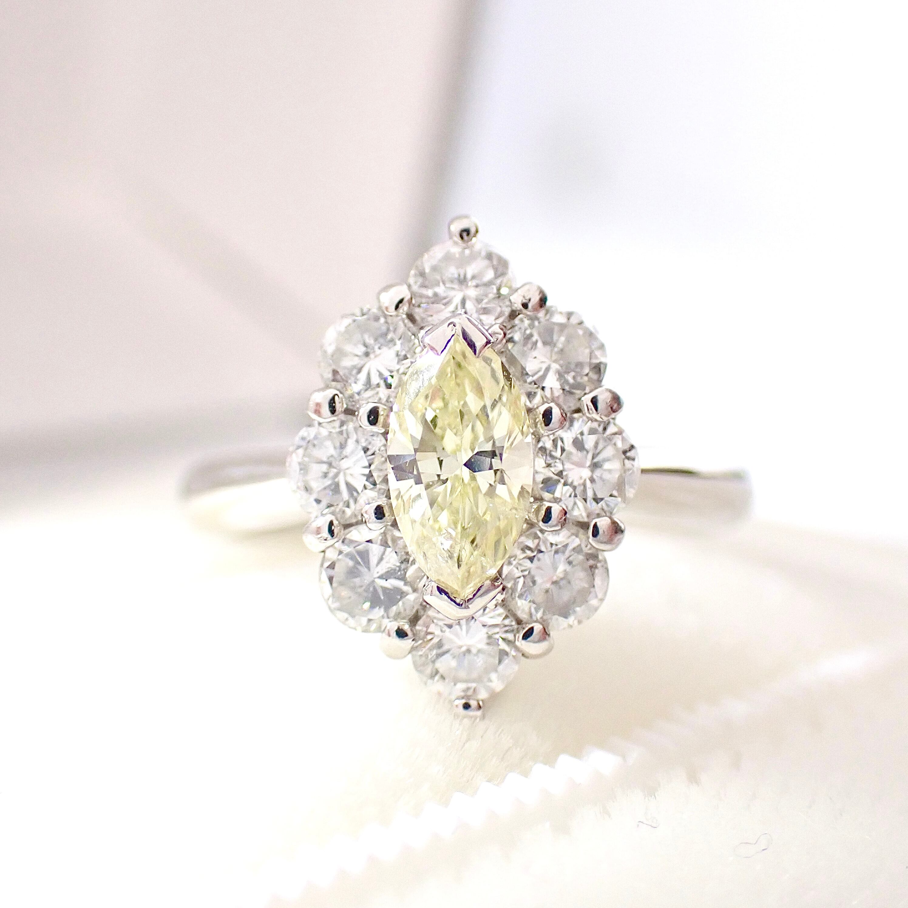 【 Made in Japan】プラチナ Pt 0.464ct Light Yellow マーキスカット ダイヤ リング 天然ダイヤモンド  ダイヤモンドリング