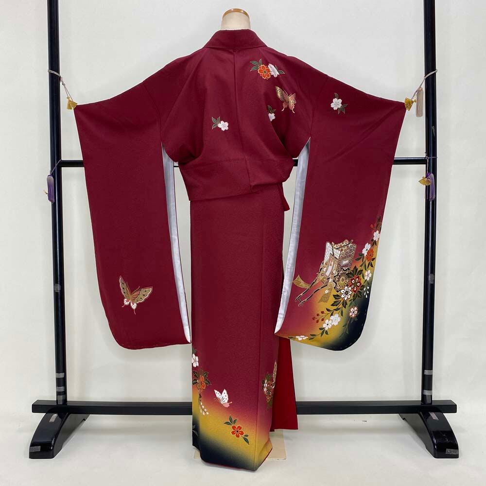 振袖 中古 エンジ 正絹 古典 裄64.5cm 身丈158cm 袖丈86cm 美品 M サイズ 成人式 3690 振袖 中古 エンジ 正絹 古典 裄64.5cm 身丈158cm 袖丈86cm 美品 M