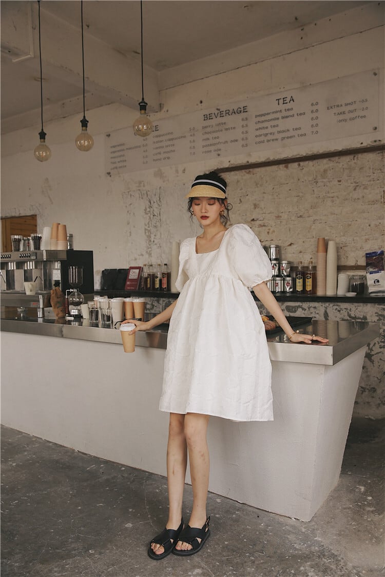 CAROLINA GLASER ジャガード パフスリーブ ワンピース CAROLINA GLASER