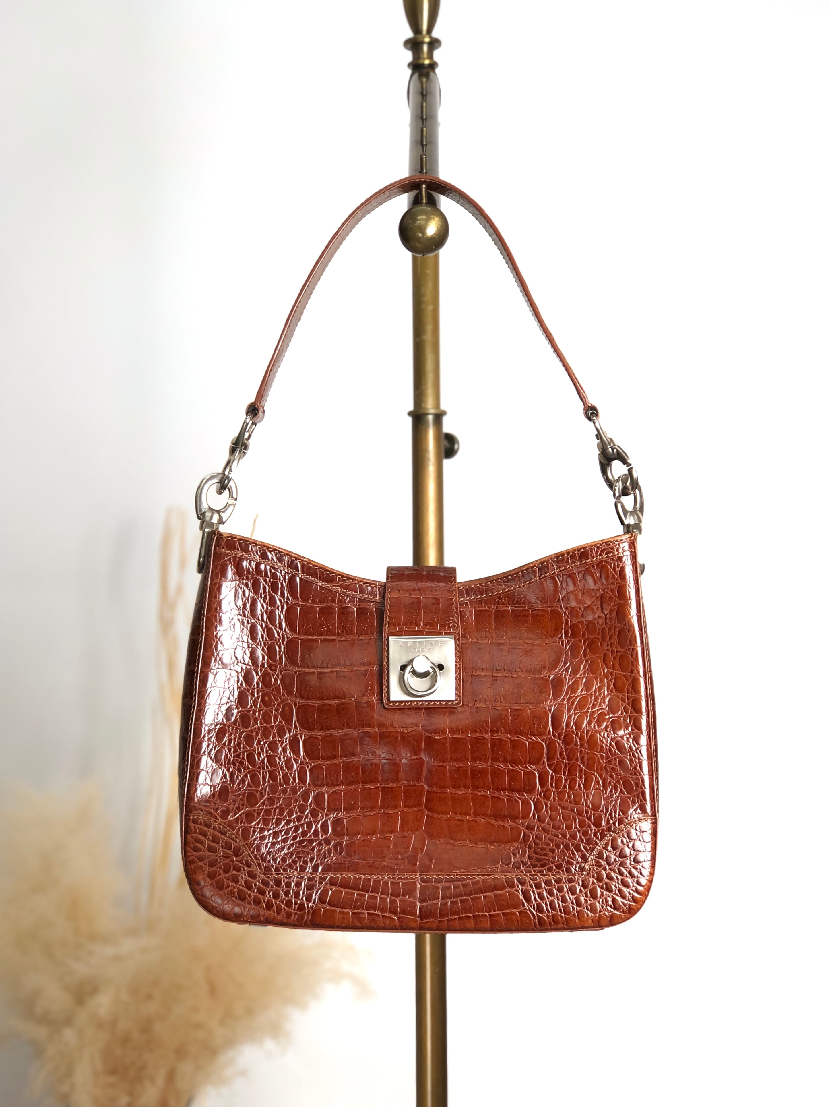 CELINE セリーヌ ショルダーバッグ ブラウン ガンチーニ レザー クロコ型押し セミショルダーバッグ vintage ヴィンテージ オールド uh6ta4