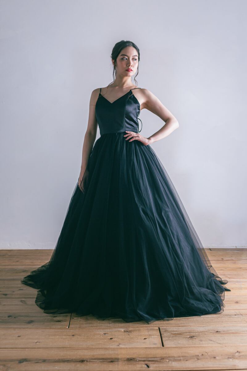 カラードレス キャミソール Vネック Aライン ブラック ソフトチュール  