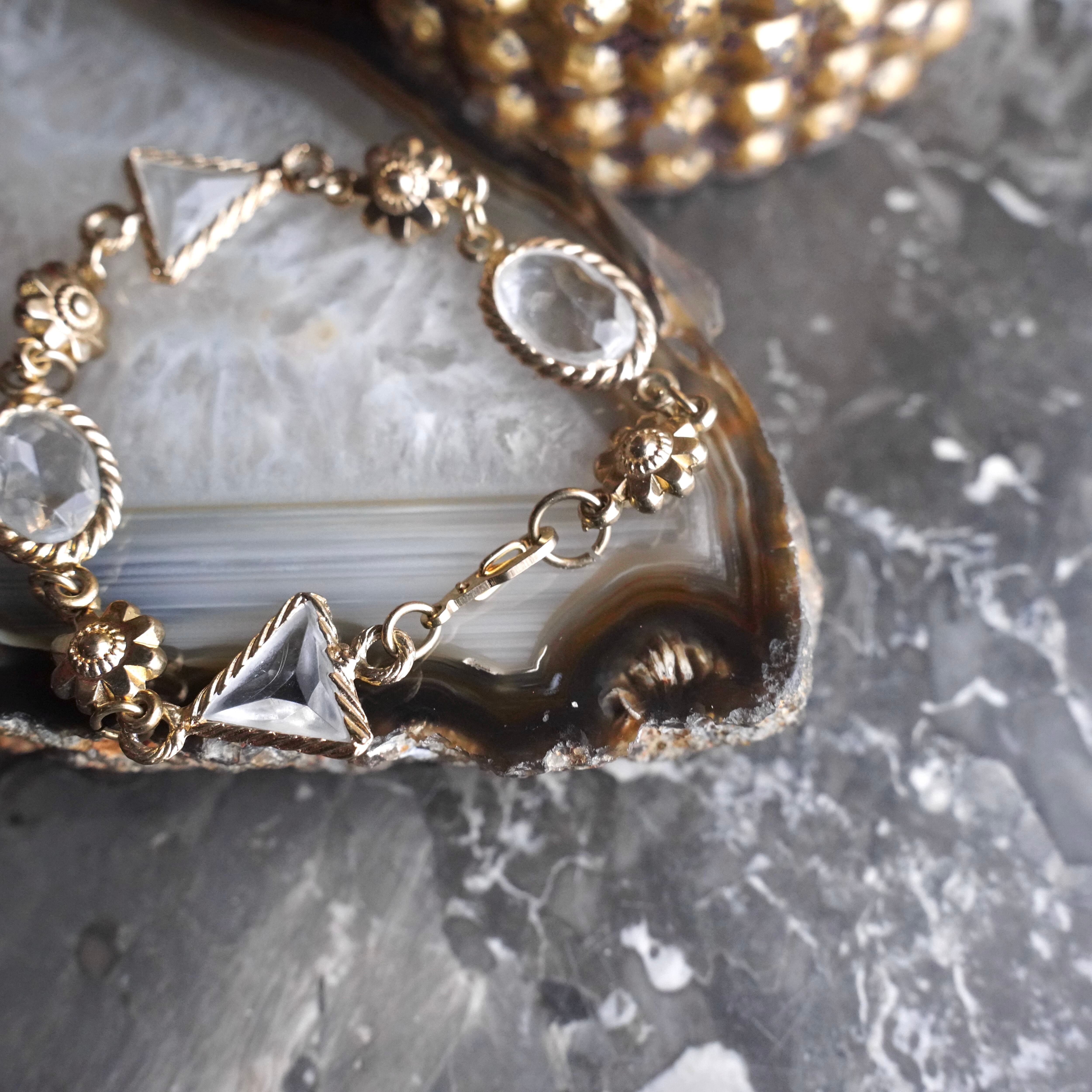 花模様クリアストーンシルバーブレスレット USA VINTAGE CLEAR STONE FLOWER DESIGN CHAIN BRACELET/アメリカ古着