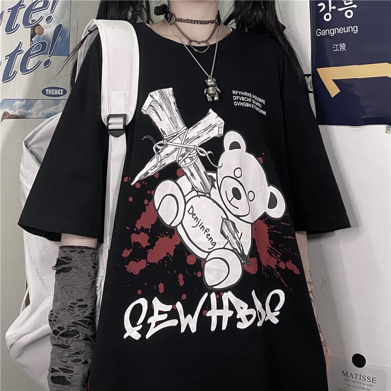 サブカル 服 地雷系 通販 闇かわいい クマちゃん 病みクマ 冥獣 黒 Tシャツ ヴィジュアル系 V系
