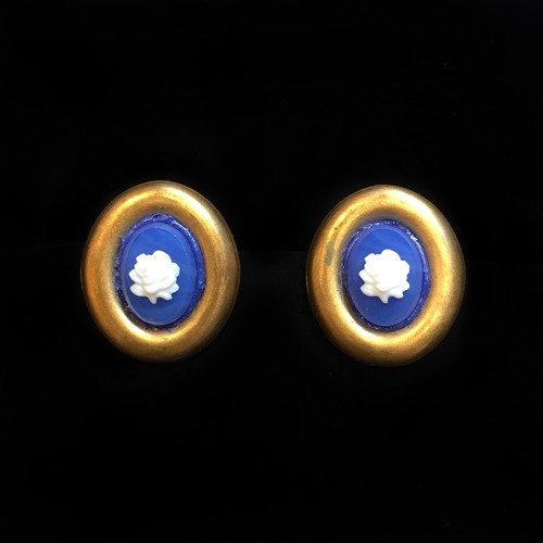 White rose & opaque blue glass oval earrings