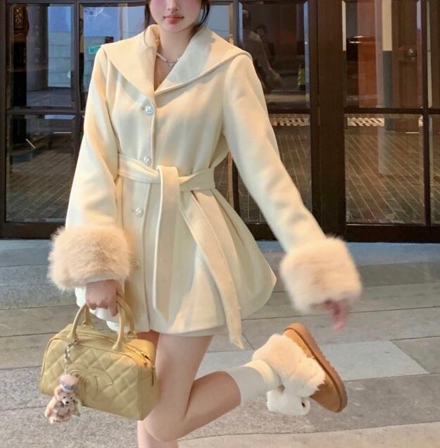 2色♡ティペット+袖ファー付きAラインミドル丈コート