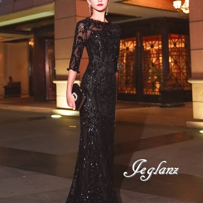 パーティ イブニングドレス 透け感 スパンコール 7分袖 光沢感(M9114)ζ☆