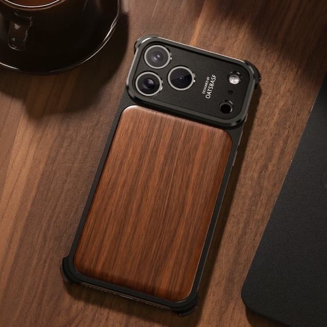 ◆iPhone17 Pro Max ◆ Walnut Wood × Metal Back Panel Phone Case / ウォルナット ウッド × メタル バックパネル スマホケース