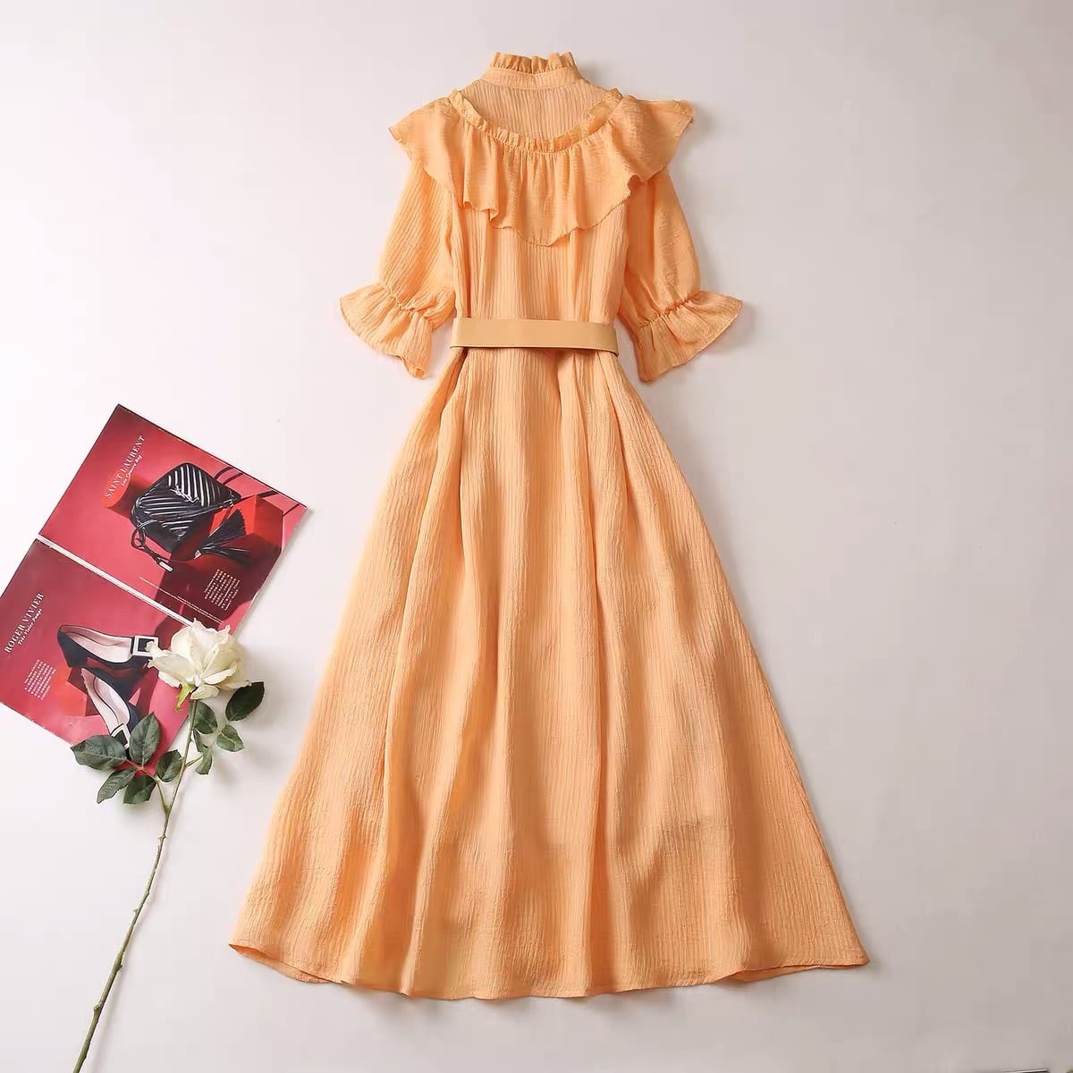 ワンピース オレンジ フリル ブラウス ワンピース 赤 ピンク 花柄