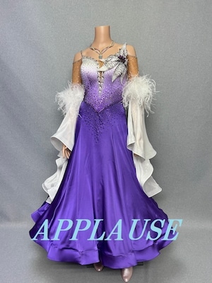 【新着】社交ダンス ドレス　スタンダード　モダンドレス　パープル＆ホワイト（袖ファー）　M　ST-25-5  デモ・競技用ドレス　発表会衣装　パーティドレス　ワンピース　舞台衣装