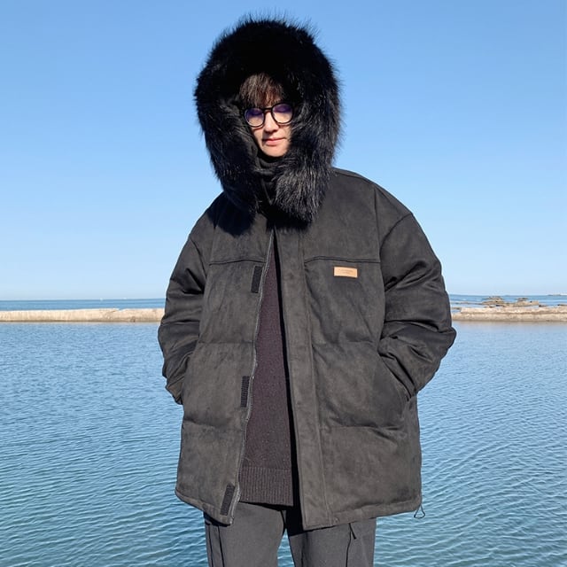 【予約販売】ダウンコート メンズ 無地 フード付き スエード アウターファーフード ブラック ホワイト ショート丈 防寒 お洒落 こなれ感 ベーシック 秋冬 大きいサイズ M/L/XL/2XL