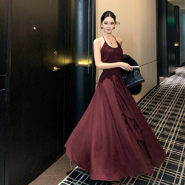 キャミワンピース ホルターネック 抜け感 無地 ワインレッド S M L