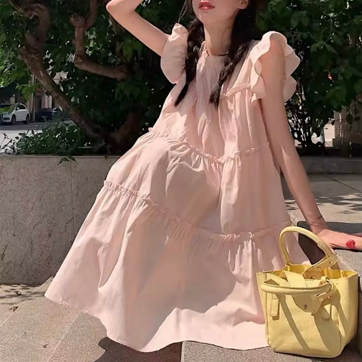 フリルフレンチスリーブティアードワンピース
