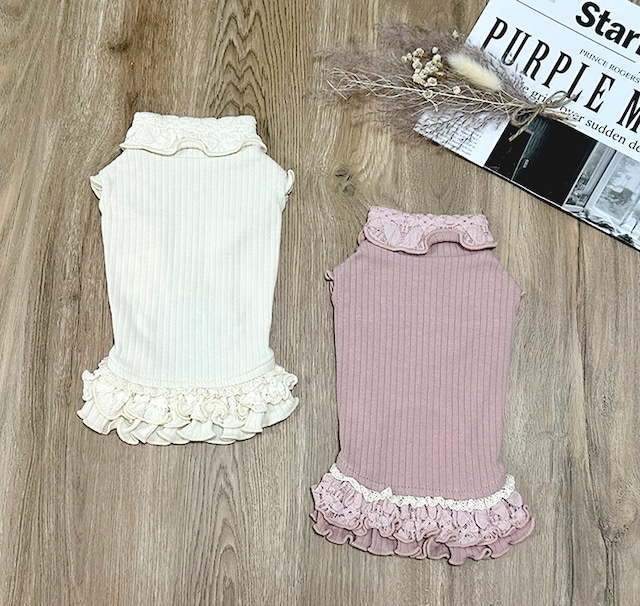 【SALE】double frill knit onepiece 2color /  犬服 ワンピース お出かけ 小型犬 中型犬 可愛い ドッグウェア 犬の服 ドレス 袖なし フリル お揃い onepiece28